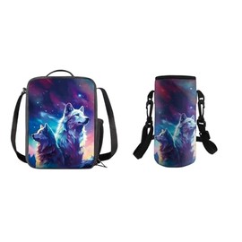 COEQINE Teens Boys Wolf Lunch Bag Cool Animal Galaxy Wolf Lunch Box Insulation Water Bottle Holder with Strap Handles Portable Pinic Bag for Travel