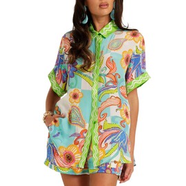 WUMODA Women's Printed 2 Piece Set 2025 Button Down Shirt and Shorts with Pockets Summer Beach Set