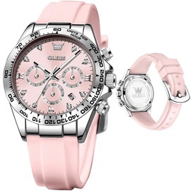 OLEVS Womens Watches Pink Elegant Diamond Dress Watch for Lady Large Analog Quartz Silicone Waterproof Luminous Date Female Wristwatch