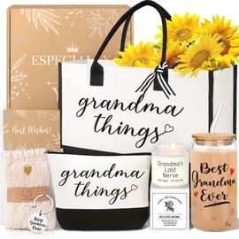 iAOVUEBY Grandma Gifts, Birthday & Mothers Day Gifts For Grandma, Best Grandmother Gift Set from Granddaughter Grandkids - Unique Canvas Tote Bag Makeup Bag 16 Oz Can Glass Care Package for Women