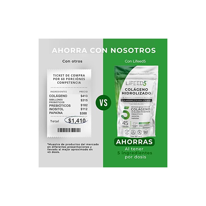 LIFEED5 Colágeno Hidrolizado en Polvo con Probióticos 50 Billones| 405g