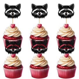 Black Glitter Silhouette 18pcs Cupcake Topper for Raccoon Head Theme Party Favors Decorations Men Women Happy Birthday Party Decor Supplies