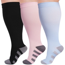 LOUSGUTA 3 Pack Plus Size Compression Socks for Women & Men 15-20 mmhg Wide Calf Support knee high Socks, Blue/Pink/Black, 3X-Large-4X-Large