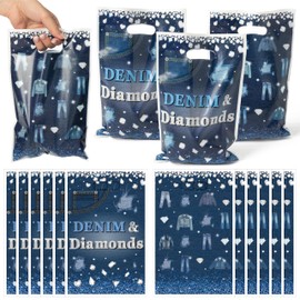 K1tpde 50PCS Denim and Diamonds Party Favor Bags, Denim Themed Blue Jacket Jeans Plastic Goodie Gift Bags Bulk with Handle for Kid, Crystal Birthday Party Supplies for Bachelorette Wedding Decor