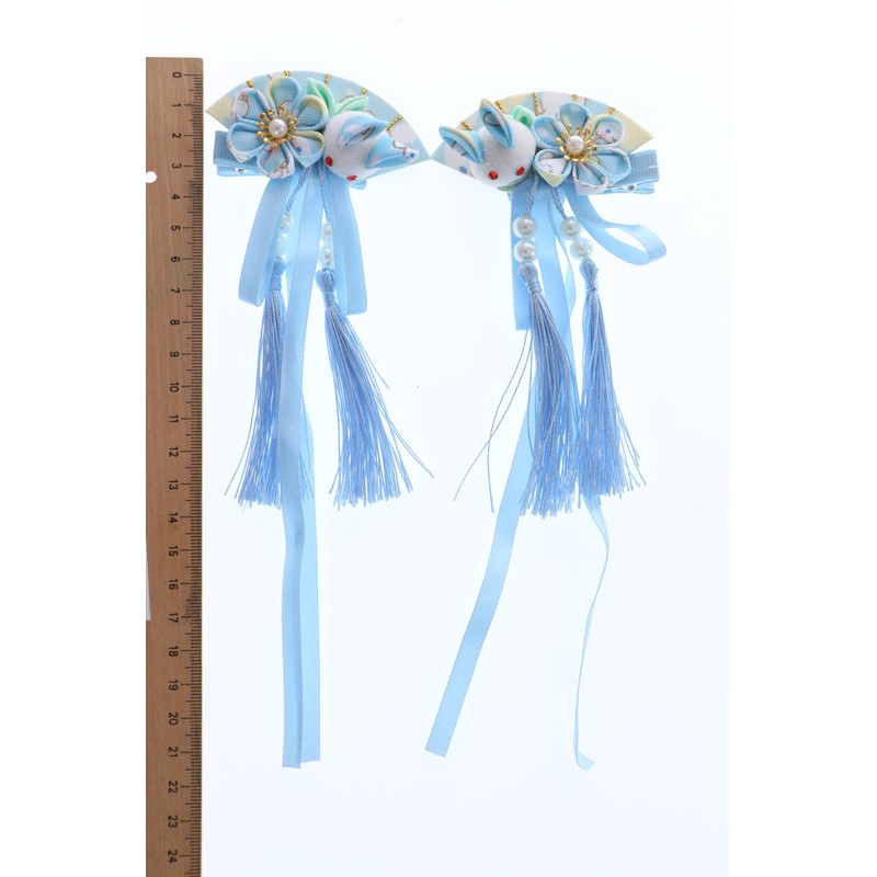 C-117-1 Blue Fan Shape Rabbit Handmade Sakura Cherry Blossom Fabric