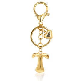 BydGxy Gold Bubble Heart Initial Letter Keychain – Cute Bag Charms for Handbags, Purse Charms for Women, Gold Keychain Accessories, Stylish Heart Pendant (T)