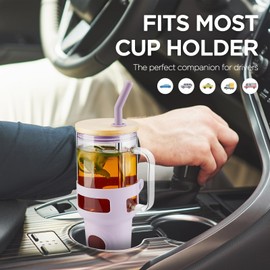 Spreccio Glass Tumbler with Handle, 40oz Reusable Iced Coffee Cup, Lilac Glass Tumbler with Straw and Lid, Glass Water Bottles Fit in Cup Holder, Smoothie Cup