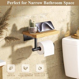 Tindbea Toilet Roll Holder with Wooden Shelf, Wall Mounted Wooden Tissue Roll Holder, Matted Brass Steel Bathroom Access (Red Oak, Matte Black)