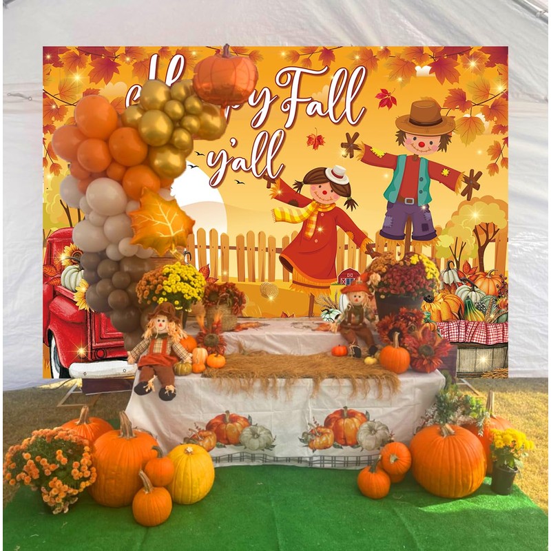Happy Fall Y'all Banner Backdrop Autumn Harvest Pumpkin Maple Leaf