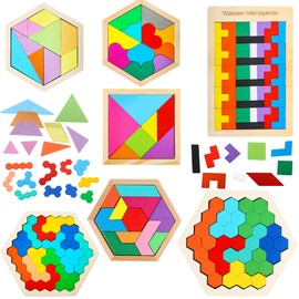 7 Pack Wooden Tangrams Puzzle Set Wooden Hexagon Puzzles Wood Russian Blocks Geometric Block Brain Teaser for Kids Adults 3D Logic Intelligence IQ Game Gift