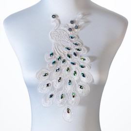 Silvora Pair Embroidered Beaded Pearl Peacock Fabric Colorful Rhinestones Applique, Handmade Sewing Tool for Wedding Dress Gown Bodice Costume Clothing Craft DIY (White)