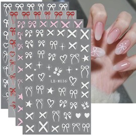 Heart Bow Nail Art Stickers Black White Red Pink Ribbons Bows Nail Decals 3D Self-Adhesive Sticker Pegatinas para Uñas Designer Nail Sticker for Nail Art Women DIY Decoration Accessories 4 Sheets