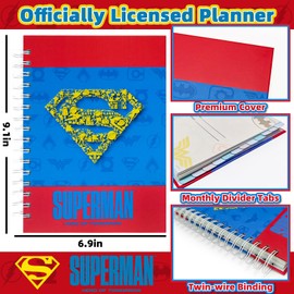 Hardcover Spiral Notebook Journal with 12 Dividers Tabs,Weekly & Monthly Planner,Productivity Journal,Superhero Theme,Leather Organizer for Work,School,Adults,Teens and Professionals (SUPERM-Logo)