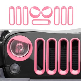 SQQP Grille Grill Insert+Angry Bird Style Headlight Turn Light Cover Trim Fit for 2007-2018 Jeep Wrangler JK JKU,Pink