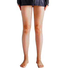 Fohevers Womens Sparkle Fishnet Tights High Waisted Twinkle Fishnet Tights Stockings Control Top Fence Net Pantyhose，Gold Thread, Middle Net