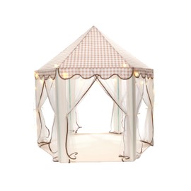 BOLERLE Princess Play Tent, Large Playhouse Castle Play Tent with Mat, Star String Toy, Indoor and Outdoor Games, for Children, Kids, Girls, Cream Plaid, 53" x 53" x 51", Cream