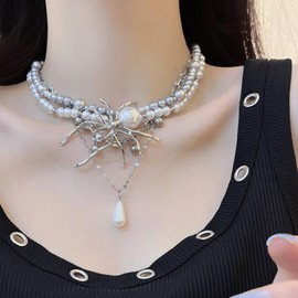LKingel Vintage Gothic Spider Necklaces Layered Pearl Necklaces Black Crystal Spider Pendant Necklaces Fashion Silver Stacked Pearl Necklace (Multi Layers)