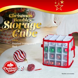 LIVIVO ® Christmas Bauble Storage Bag – Hold up to 64 Xmas Tree Decorations – Red Square Heavy Duty Folding 4 Layer Festive Season Ball Holder Cube with Separators, Zipped Lid and Carry Handles