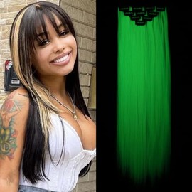 10pcs Blonde Hair Extensions 18inch Colored Clip In Hair Extension Glow in the Dark Hair Accessories Highlight Synthetic Hairpiece for Kids Girls Wome