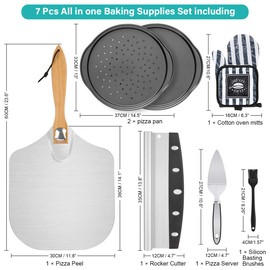 Pizza Peel Pizza Pan Set, 7Pcs Pizza Oven Accessories, 12 Inch Metal Pizza Paddle (12"x 14") with Foldable Wooden Handle, 2 Pizza Pans, Rocker Cutter, Pizza Server, Oven Mitts, Oil Brush