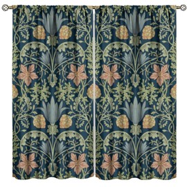 GoDazzling William Morris Floral Blackout Curtains, Vintage Flower Retro Boho Botanical Plant Rustic Farmhouse Window Drapes for Bedroom Living Room 42x45in 2 Panels