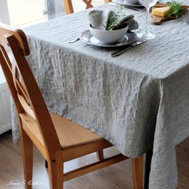 Linen & Cotton Luxury Stonewashed Tablecloth BJORN, 100% Linen - 153 x 153cm (61.2'' x 61.2''), Black/Beige Stripes