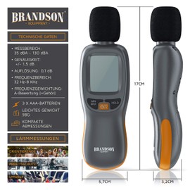 Brandson - Digital Sound Level Meter - Volume Meter - Sound Level Meter - Digital Sound Meter - Pre-Calibrated - 35 dB(A) to 130 dB(A) - Wind Protection - LCD Display