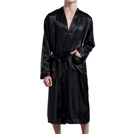 Previn Men's Satin Kimono Robe Long Spa Bathrobes Luxurious Silk Long Sleeve Loungewear, Black, Large