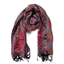Achillea Luxurious Double Layered Jacquard Big Paisley Pashmina Shawl Wrap Scarf (Tapestry Black Red)