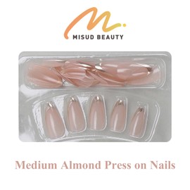 MISUD Almond Press on Nails Medium Fake Nails Glossy Glue on Nails Gold Chrome Acrylic Nail Supplies Stiletto Artificial Nail Art French Tip Stick on False Nails with Design DIY 24 pcs