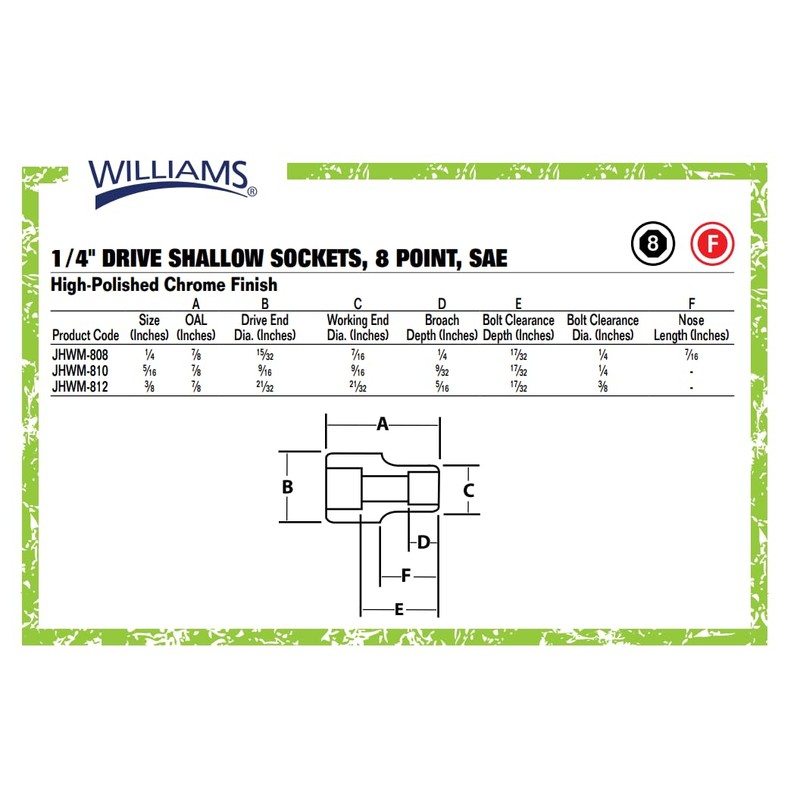 Williams M-808 1/4 Drive Shallow Socket, 8- Point, 1/4"