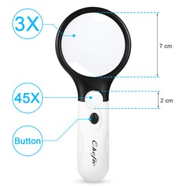 Chefic Lupe mit Licht, 3X 45X Fach Beleuchtete Leselupe mit 3 LED, Beste Handlupe Vergrößerungsglas für Senioren lesen, Kinder Hobby, Handwerk und Schmuck-Hohe Klarheit & Leichtgewicht