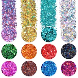 Holographic Chunky Glitter, Set of 12, Licool Craft Glitter for Resin Art Crafts, Cosmetic Glitter for Nail Body Face Eye, Epoxy Resin Sequin Flake Sparkle for Slime Tumbler Jewelry Making