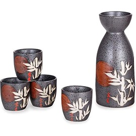 Happy Sales, Japanese Style Sake Set With 12 fl oz Porcelain Sake Tokkuri Bottle Decanter and Four Ochoko Cups Drinkware Gift Set (GreyBambooMoon)