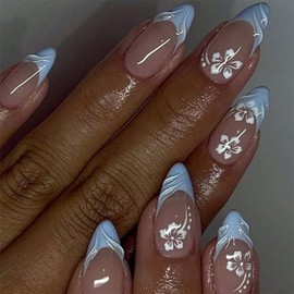 Blue Flower Press on Nails Almond 24Pcs French Tip Fake Nails 3D Embossed Design Glue on Nails Fresh Blue Edge with Small White Flower False Nails Full Cover Acrylic Nail for Women