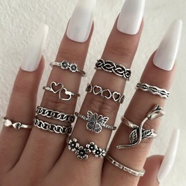 GoPaw 67 Piece Vintage Punk Rings Set for Men Women, Silver Snakes, Stackable Boho Chunky Emo Finger Rings, Knuckle for Girls, Metal, No Gemstone