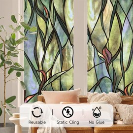 Yeysynana Decorative Glass Window Privacy Film, Non-Adhesive & UV Sun Blocking Plant Static Window Clings Covering for Home Living Room Bathroom Glass Windows Door 17.7 x 78.7 inch