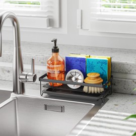 iSPECLE Sink Caddy Sponge Holder - Large Kitchen Sink Organizer for Brush and Soap, Dish Dispenser Sponge caddy with Removable Drain Tray, Kitchen Sink Storage Accessories, Black