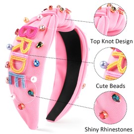 SuPoo Pink Bridal Headband for Wedding Bride Headband Jeweled Knotted Headband Rhinestones Embellished Hairbands Beads Pearl Wide Top Knot Headpiece Hair Accessory for Bachelorette Party Bridal Shower