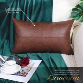 BRAWARM Faux Leather Throw Pillow Covers 12 X 20 Inches, Dark Brown Leather Pillow Cover, Hand Stitched Leather Decorative Lumbar Pillow Cover for Couch Sofa Bed Living Room Home Garden