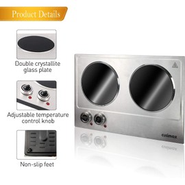 CUSIMAX 1800W Ceramic Electric Hot Plate for Cooking, Dual Control Infrared Cooktop, Double Burner, Portable Countertop Burner, Glass Plate Electric Cooktop, Silver, Stainless Steel-Upgraded Version