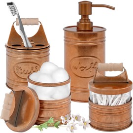 Autumn Alley Rustic Bathroom Accessories Set 4 - Copper Farmhouse Soap Dispenser, Toothbrush Holder, 2 Apothecary Jars Qtip Holder - Rustic Bathroom Decor – Farmhouse Bathroom Accessories