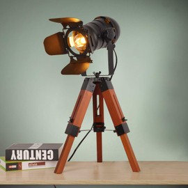 Decoluce Industrial Tripod Floor Table Lamp Vintage Wood Cinema Searchlight Standing Lighting Fixtures Nautical Spotlight Decorations-Not Include E26 Bulbs (Cinema)