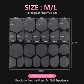 BQAN Nail Adhesive Tabs 20 Sheets 480Pcs UV Jelly Nail Glue Stickers for Press on Waterproof & Super Sticky 12 Sizes of Sticky Tabs, Press on UV Glue Need Curing (M/L)