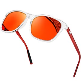 KANASTAL Polarized Sunglasses for Women Men Trendy Mirrored Sunglasses Al-Mg Temples Womens Sun Glasses UV Protection, Transparent Frame Mirrored Orange Red Lenses Red Temples
