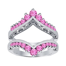 Dazzlingjewelrycollection Round Cut Pink Sapphire 14K White Gold Plated Classic Cathedral Wedding Band Guard Ring For Women's (7.5)