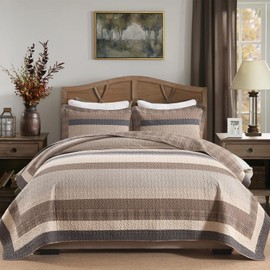 QuiltMuse Quilt Queen Size - Brown Wood Striped Quilt Set with Matching Shams, 3 Pieces 100% Cotton Farmhouse Queen Quilt Bedding Set, Lightweight Bedspread Coverlet Home Decor for All Season