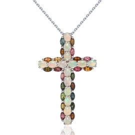 AIBAO Sterling Silver Cross Pendant Multi Gemstone Necklace Faith Christian Jewelry Gift Real Opal and Tourmaline Necklace for Women
