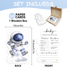 BHTPNG 50 Pcs Space Astronaut Baby Prediction Cards with Wooden Keepsake Box - Baby Shower Game for Gender Reveal, Parenting Advice & New Parents Wishes - A01