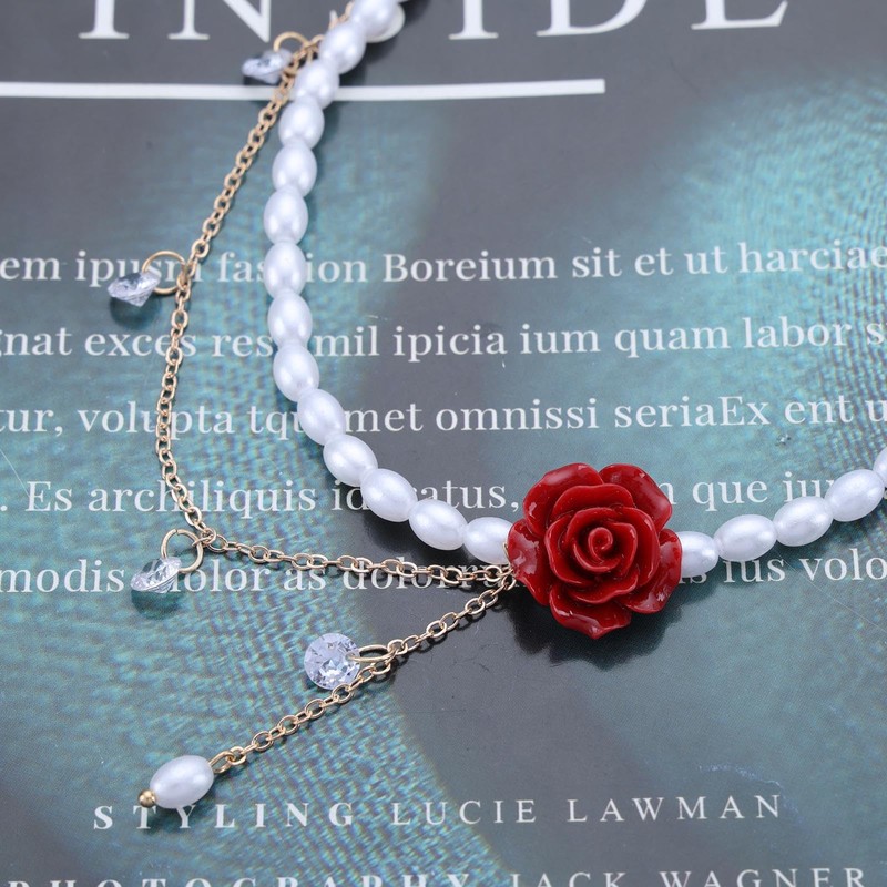 Cimenexe Bohemian Rose Flower Pearl Pendant Necklace Rose Pearl Y